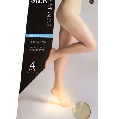 4 Pair Silk Impressions Women's XXL High Waisted Beige Tights-Sheer For All Day